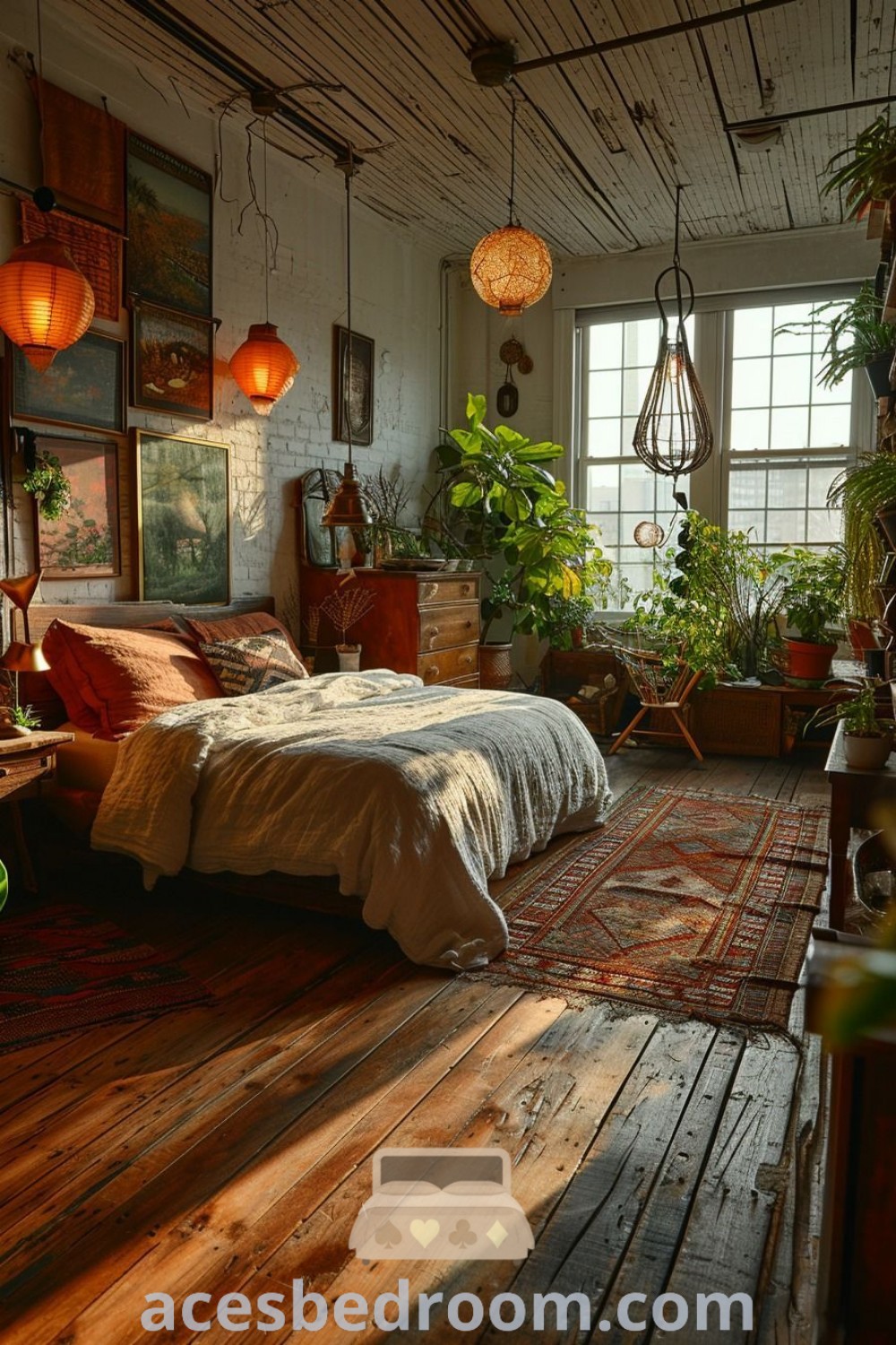 An eclectic bedroom featuring wooden floors, abundant plants, and hanging lights, creating a cozy and inviting atmosphere. This decor idea combines bohemian elements with modern touches, making it perfect for anyone seeking cozy home inspirations. Discover more stylish designs at acesbedroom.com.