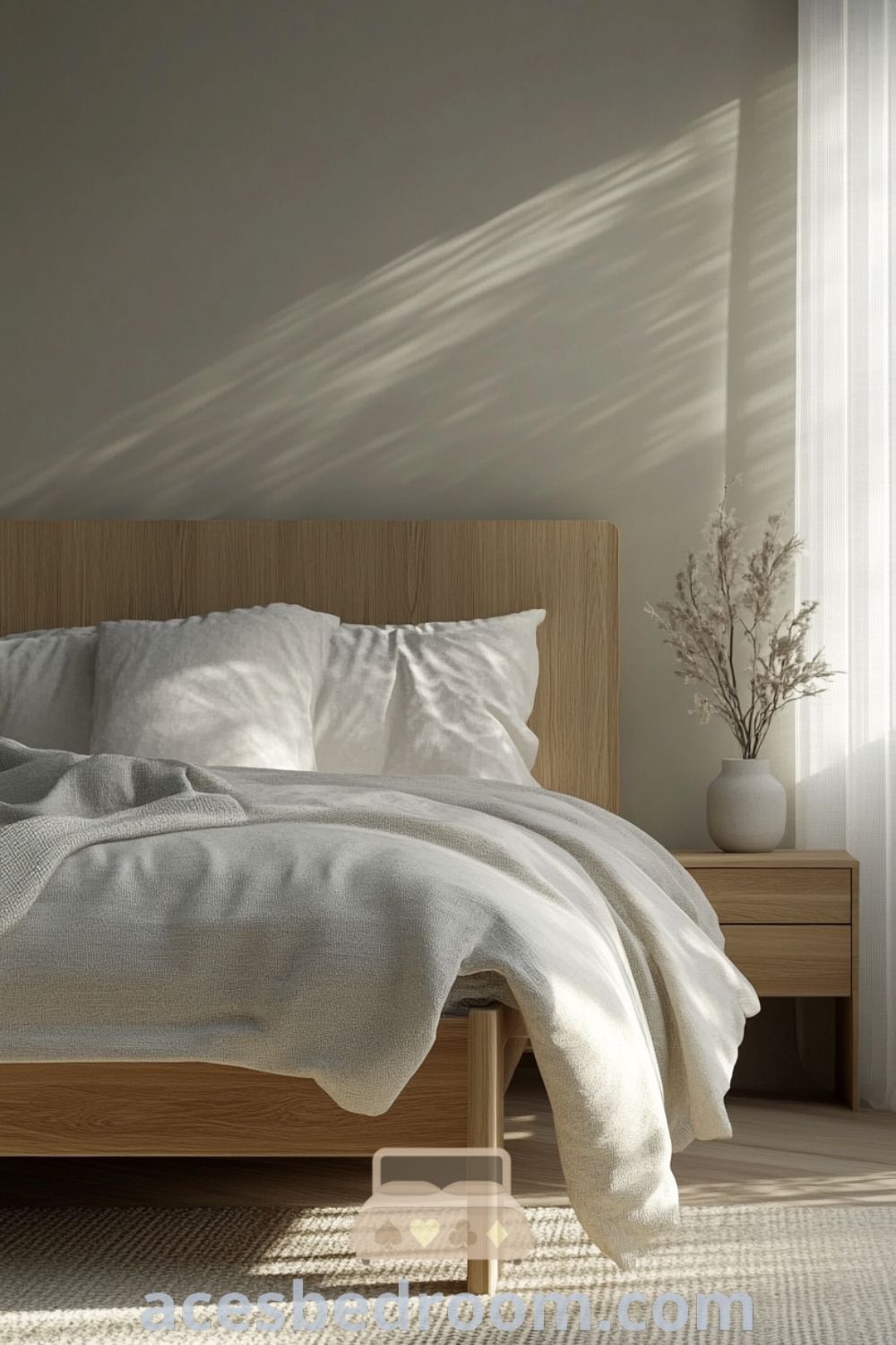 Serene Minimalist Bedroom Inspiration on acesbedroom.com featuring calming design, minimalist bedroom ideas, soft textures, and a peaceful environment.