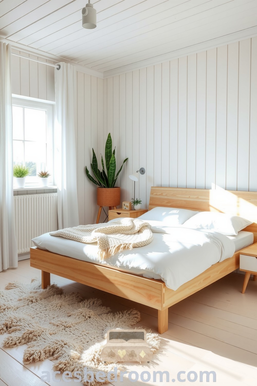 Cozy Scandinavian bedroom featuring pale wooden walls, light oak bed frame, soft white linens, knitted throw, woolly rug, potted plants, and gauzy curtains, offering design ideas for a serene and inviting atmosphere showcased on acesbedroom.com.