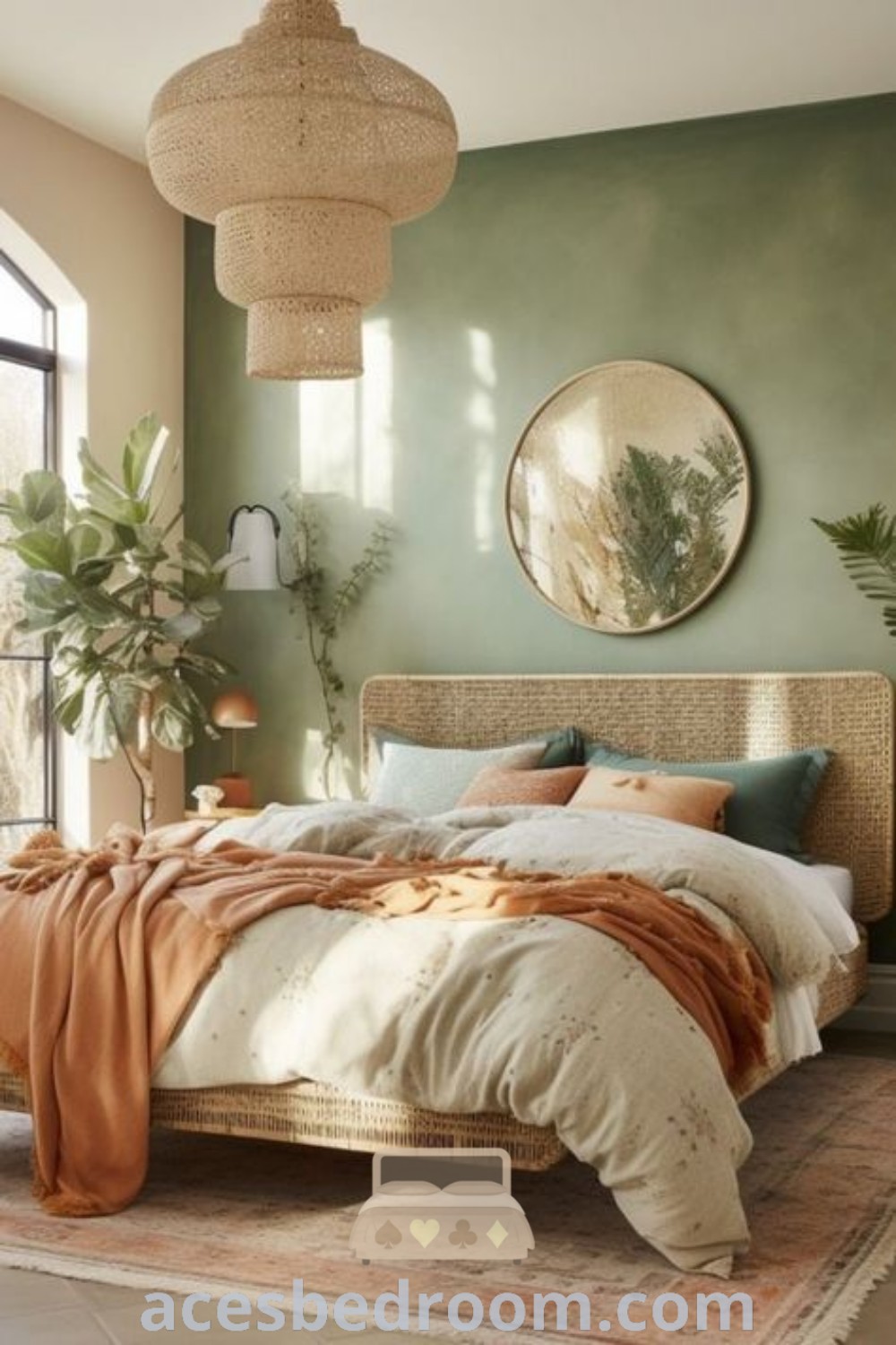 A cozy boho bedroom with sage green walls, a large bed surrounded by potted plants, and terracotta accents, presenting stylish and trendy decor ideas for a warm and sophisticated look. Explore inspiring bedroom color schemes for your home at acesbedroom.com.