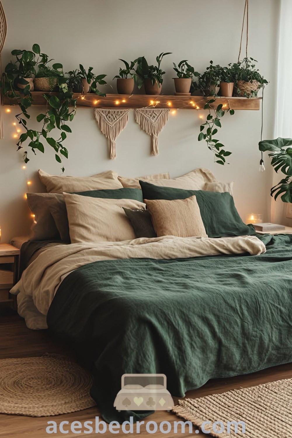A cozy bedroom with green linens and plants on the headboard, illustrating earthy tones and the minimalist boho aesthetic. This design offers unique ideas for a warm and sophisticated look, perfect for small bedroom inspirations. Find more decor ideas at acesbedroom.com.