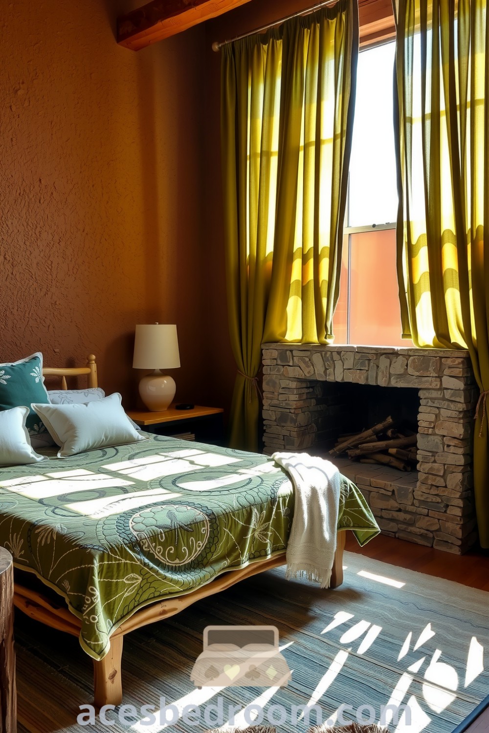 Cozy Nature Bedroom with earthy tones, featuring textured clay walls, driftwood bed frame, moss-green quilt, stone fireplace, and cedar nightstand, designed for a warm and sophisticated look, showcased on acesbedroom.com.