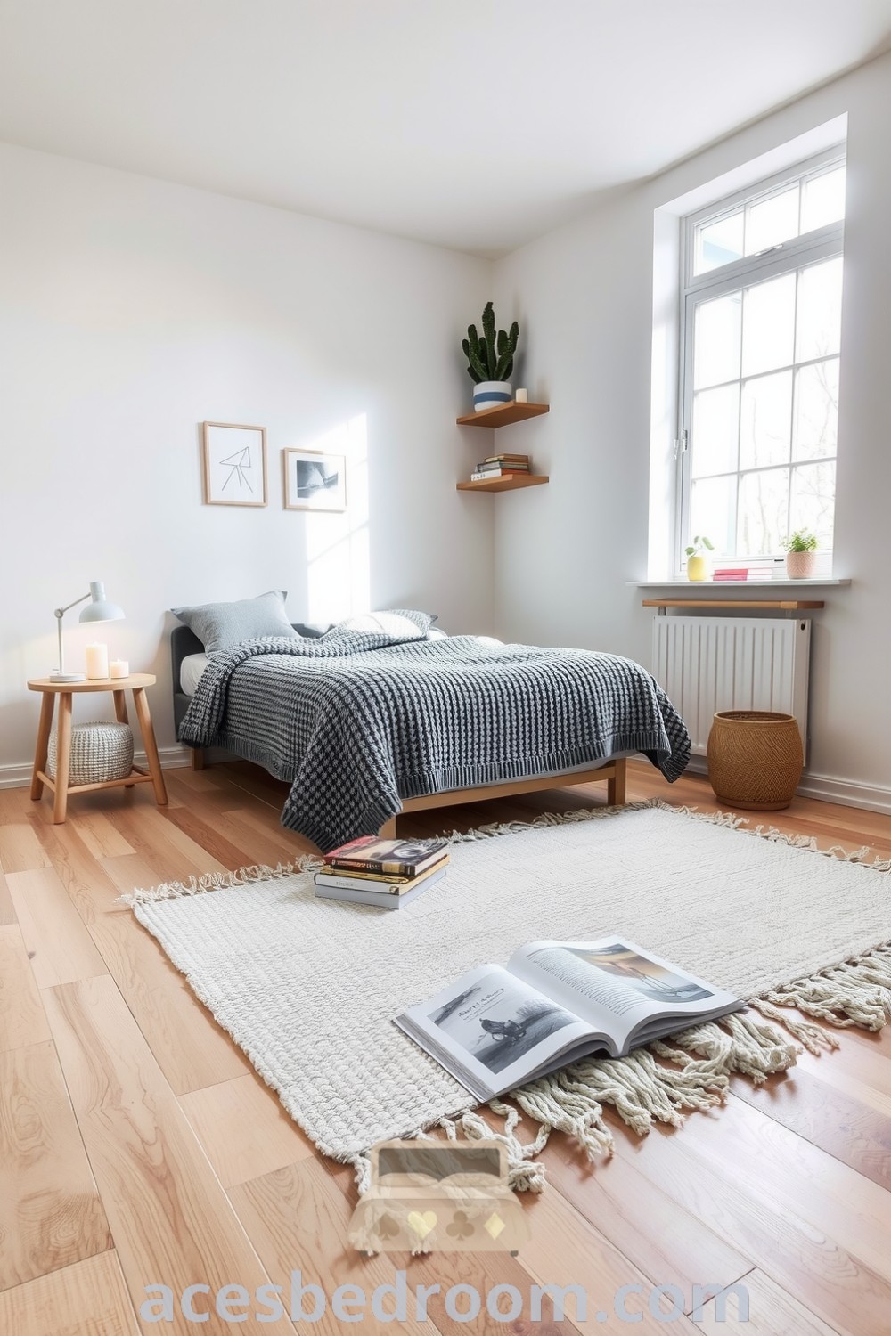 Cozy Scandinavian bedroom with light oak floors, soft white walls, a low-profile bed with a muted gray knitted duvet, minimalist art, potted plants, large windows, and a handmade wool rug, featuring simple wooden shelves with books and candles for a warm and inviting ambiance, presented on acesbedroom.com.