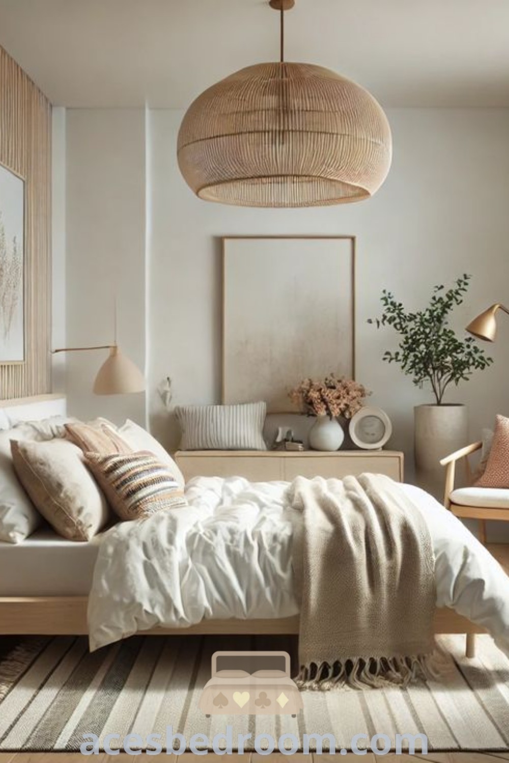 A cozy Scandinavian bedroom showcasing a bed by a window with a plant on top, exemplifying chic minimalista design. This inspiring tiny bedroom, perfect for apartment life, highlights neutral home decor ideas that create a warm and sophisticated look. Discover more unique ideas at acesbedroom.com.