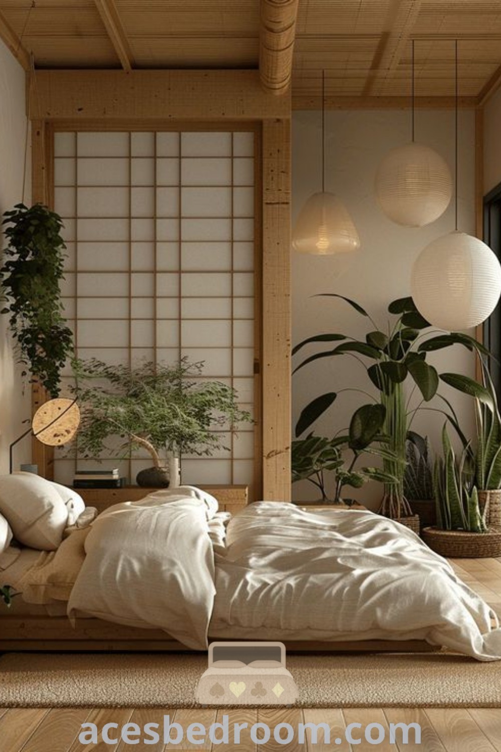 A cozy Japandi bedroom design showcasing wood flooring, white bedding, and wall plants that enhance decor ideas for a warm and inviting atmosphere. Find stylish and modern inspirations for your home at acesbedroom.com.