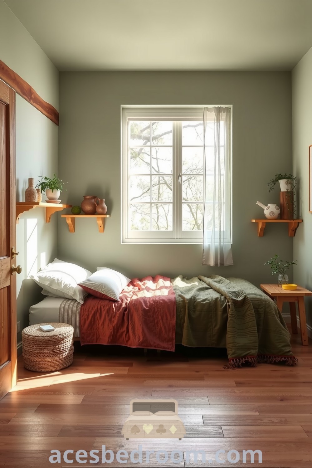 Cozy nature-inspired bedroom featuring sage green walls, raw wooden accents, an olive-toned quilt, potted plants, and ample sunlight, designed to create a tranquil retreat, presented on acesbedroom.com.