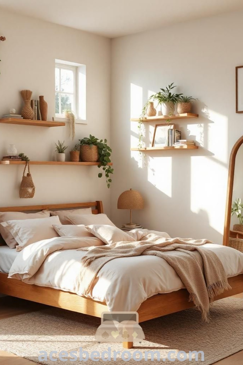 A cozy wood and cream bedroom featuring a neatly made bed and plants in the window sill, showcasing stylish wooden furniture and decor ideas that inspire a calming atmosphere. Discover unique wood bedroom inspirations for your home at acesbedroom.com.