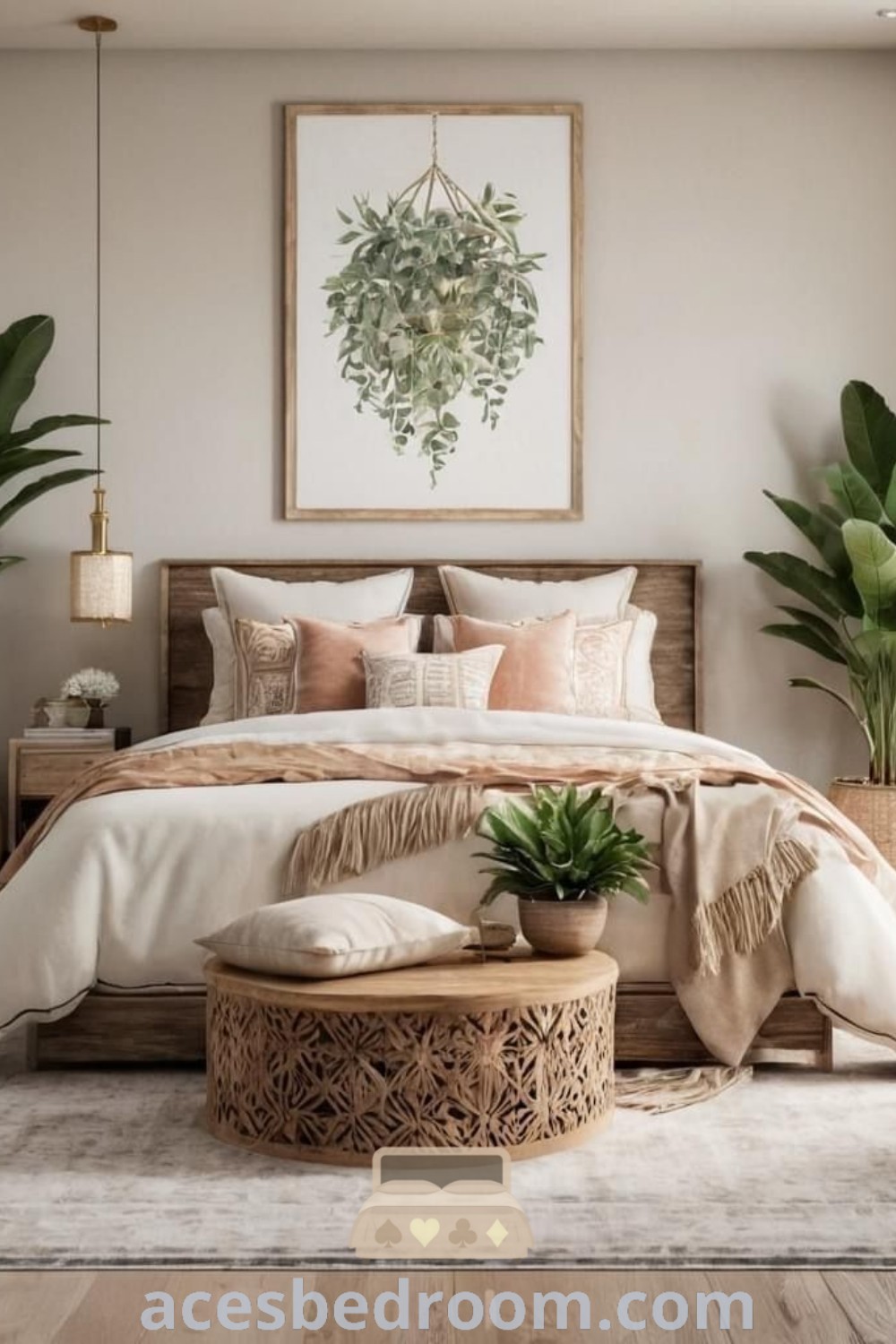 A cozy Tulum style bedroom with a large bed, high ceiling, and two potted plants, embodying natural wood and bamboo elements. This design features stylish inspirations for a warm and sophisticated sleeping room, offering unique ideas for your home. Discover more decor inspirations at acesbedroom.com.