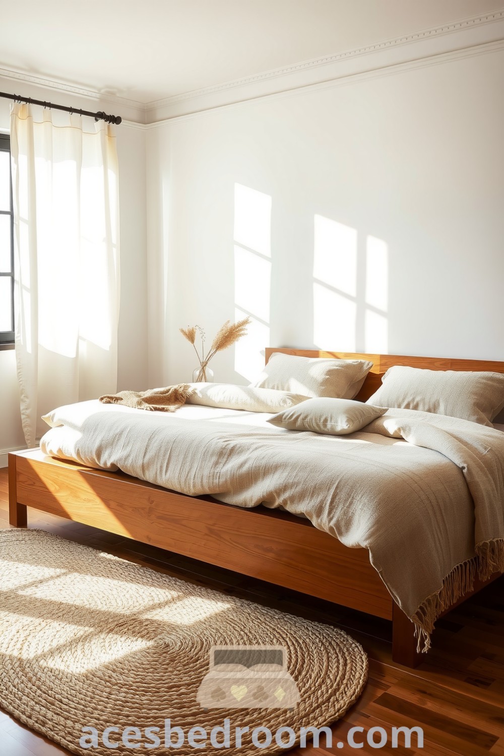Cozy Japandi bedroom showcasing a low-profile wooden bed, textured linen bedding in soft earth tones, and a braided jute rug, illuminated by gentle sunlight through sheer linens for a warm and sophisticated look, featured on acesbedroom.com.