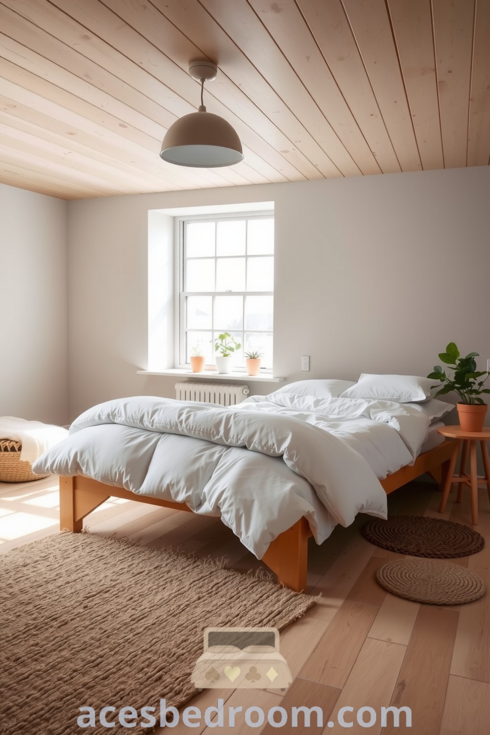 Cozy Scandinavian bedroom featuring light gray walls, a wooden ceiling, a white duvet, natural fiber rugs, and potted plants, providing an inviting and serene atmosphere perfect for relaxation, showcased on acesbedroom.com.