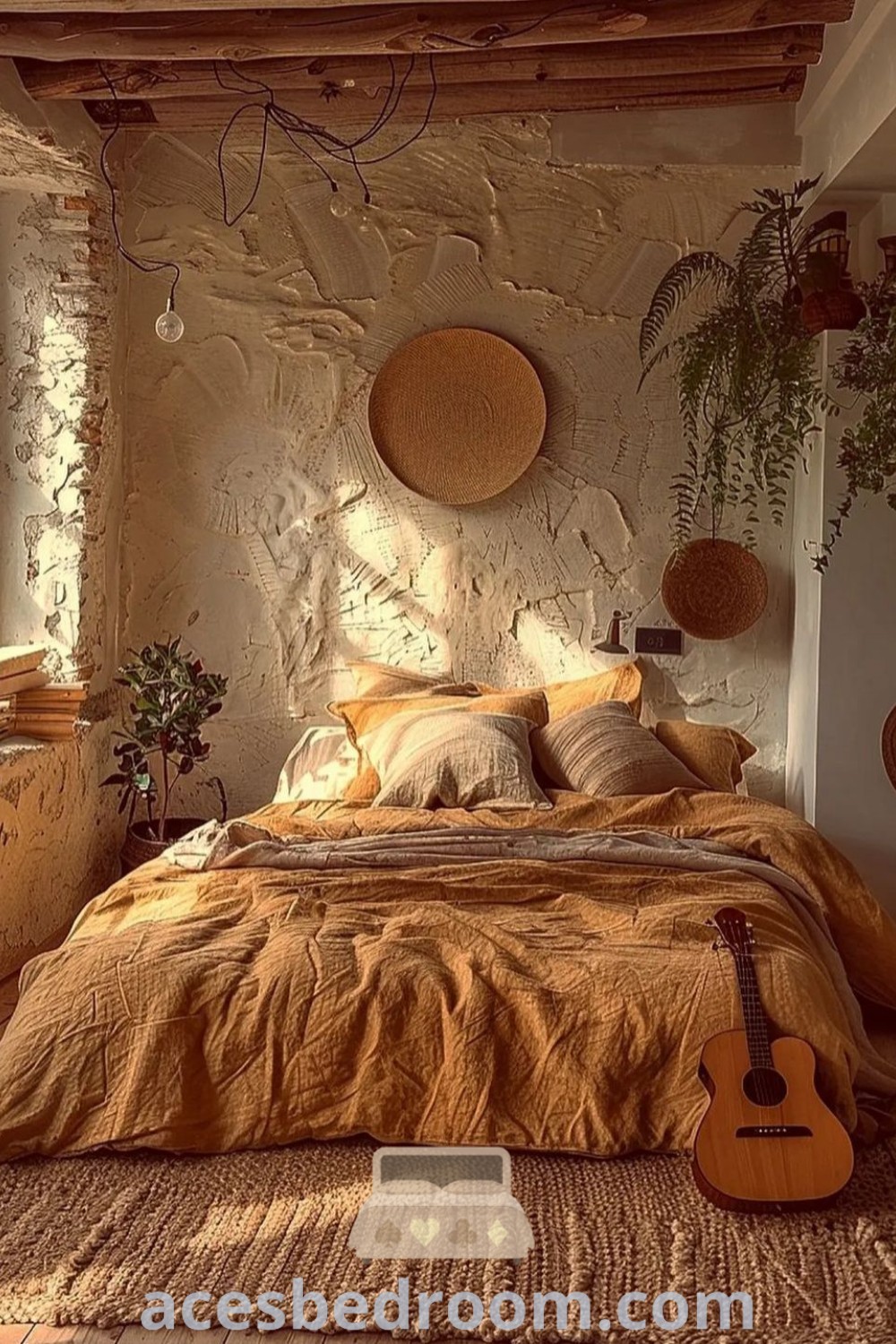 A cozy bedroom decorated in earth tones with a neatly made bed and a guitar on the wall, embodying the California rustic interiors aesthetic. Featuring warm cozy room decor and earthy maximalism, this space offers design ideas for a warm and sophisticated look. Find more inspiring ideas for your home at acesbedroom.com.