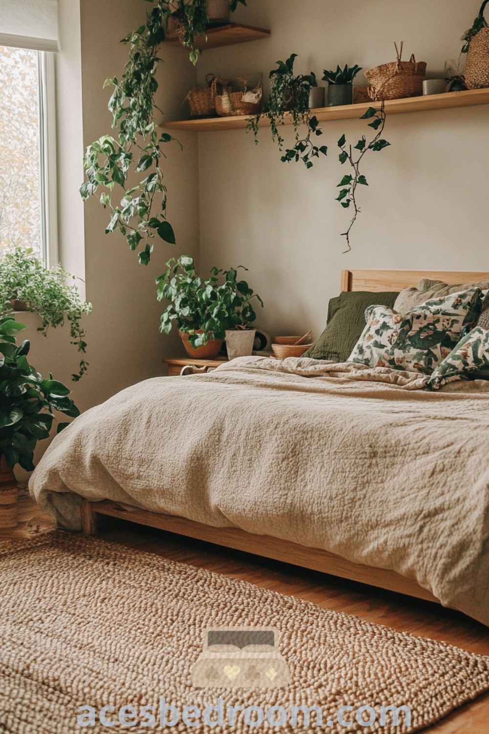 A serene sage bedroom with plants adorning the shelves above the bed, embodying a cozy aesthetic and earthy decor ideas. This inviting space offers calm bedroom ideas and inspiring designs for a warm and sophisticated look. Explore more inspirations at acesbedroom.com.