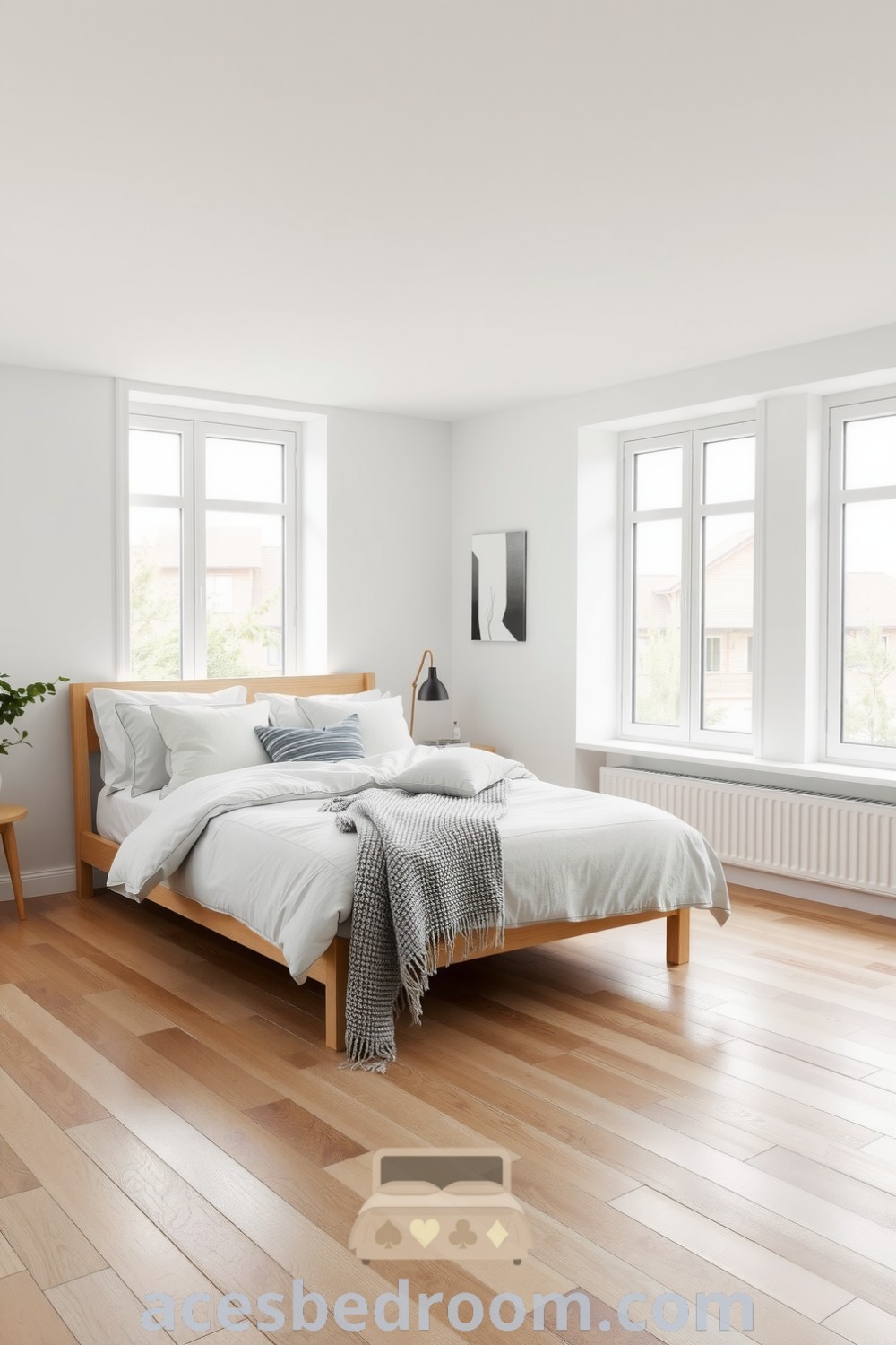 Cozy Scandinavian bedroom with soft white walls, natural wood bed frame, light gray duvet, fluffy pillows, and minimalist decor, showcasing serene design ideas and cozy aesthetics for inspiration on acesbedroom.com.
