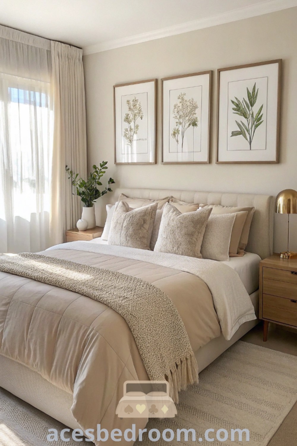 A cozy bedroom featuring a beige bed paired with two framed pictures above it, reflecting stylish decor ideas. This inviting space epitomizes warm and sophisticated design trends, offering unique inspirations for your home. Explore more bedroom ideas for a tasteful aesthetic at acesbedroom.com.