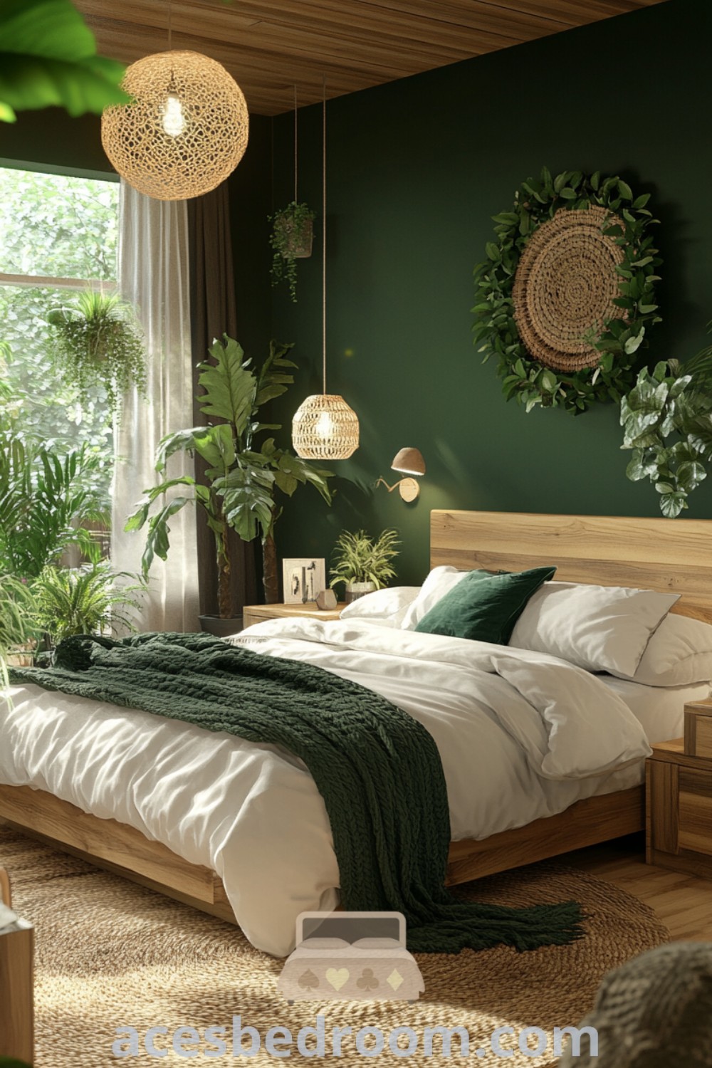 A cozy bedroom with dark green walls and wall-mounted plants, featuring a large bed that showcases a boho bedroom aesthetic. This inspiring space embodies earthy decor ideas for a trendy and soothing environment, perfect for creating a unique oasis at acesbedroom.com.