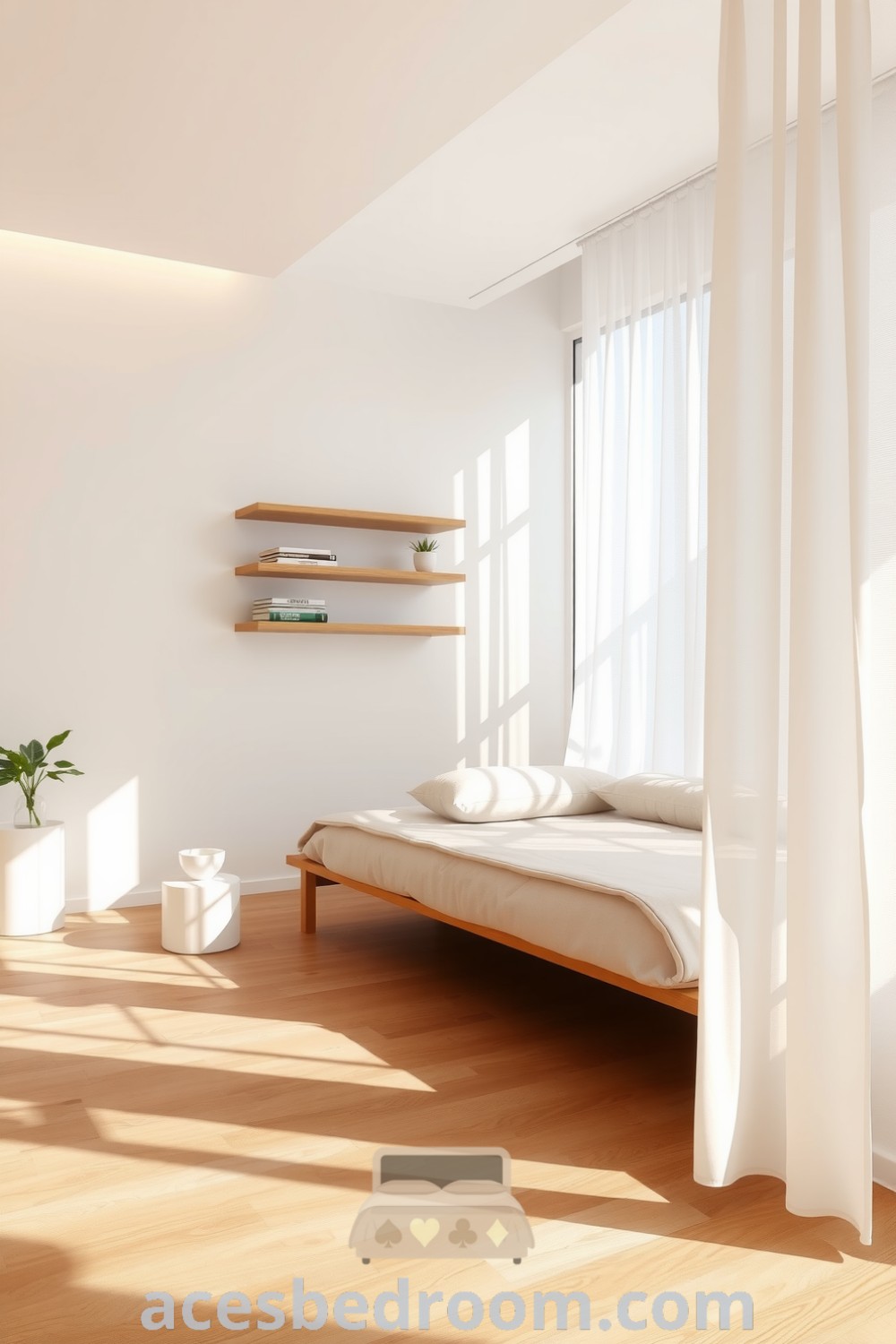 Cozy minimalist bedroom in soothing beige tones featuring a low-profile platform bed with a natural linen duvet, floating wood shelves with curated books and a plant, and sheer curtains providing gentle light, designed for a tranquil atmosphere, featured on acesbedroom.com.