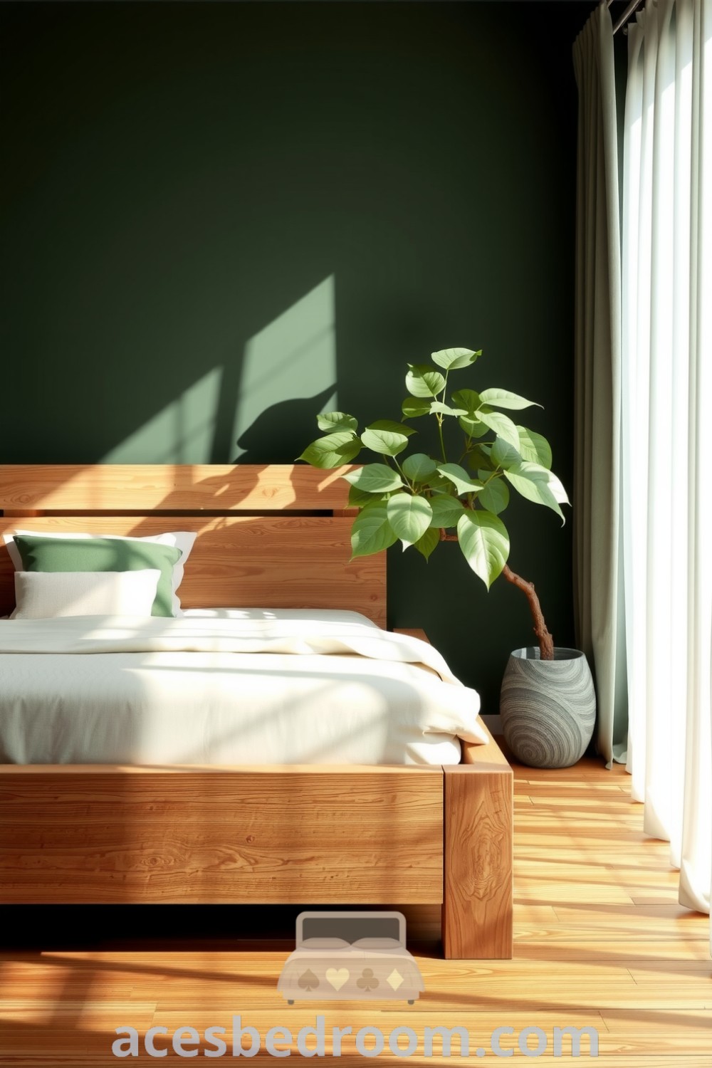 Cozy Japandi bedroom featuring a light wood bed, soft cotton linens in cream and sage, and a large potted plant by the window, creating a serene atmosphere perfect for relaxation, presented on acesbedroom.com.