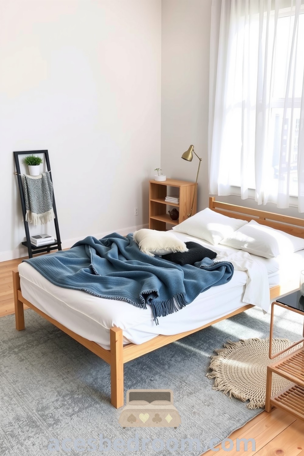 Cozy Scandinavian bedroom featuring a light wood bed frame, soft white walls, muted blankets, and a potted plant, designed for tranquility and relaxation, showcased on acesbedroom.com.