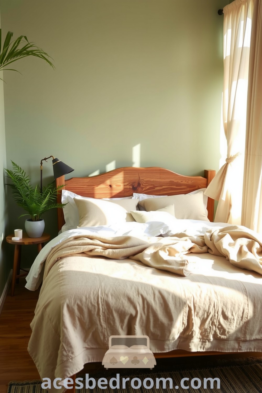 Cozy nature-inspired bedroom with sage green walls, a handcrafted wooden bed, earthy blankets, rustic lamp, and a potted fern, designed to create a serene and refreshing ambiance, showcased on acesbedroom.com.