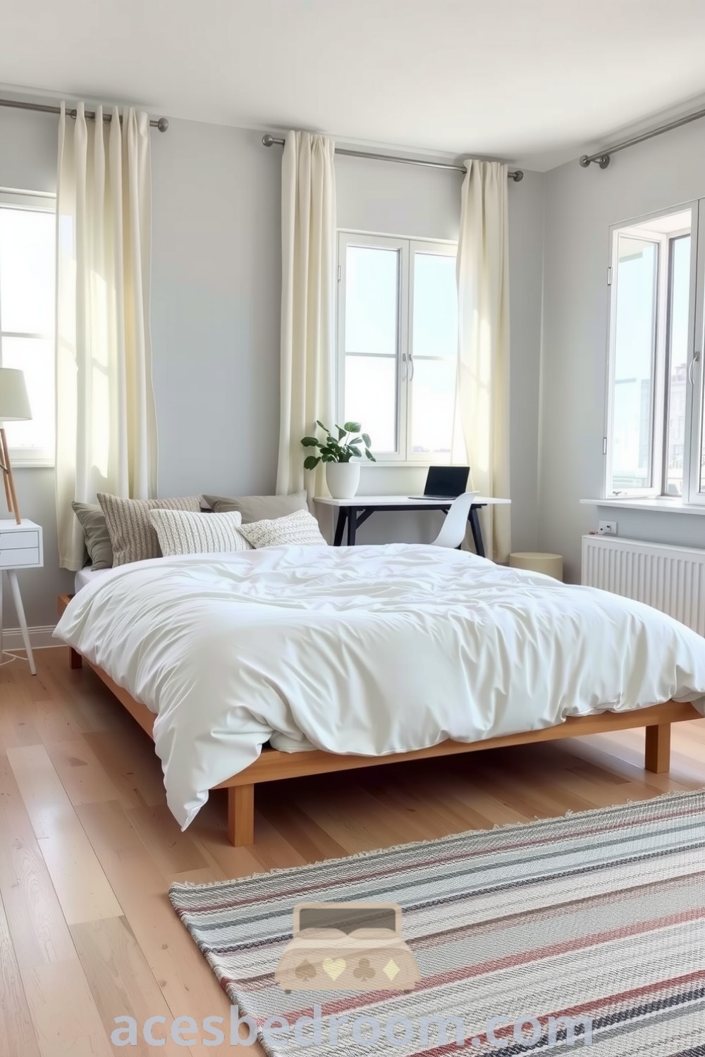 Cozy Scandinavian bedroom with light wood flooring, soft grey walls, a plush white duvet on a low wooden bed, large knitted pillows, expansive windows with sheer curtains, a minimalist workspace with a potted plant, and a handwoven rug, offering design ideas for a warm and sophisticated look featured on acesbedroom.com.