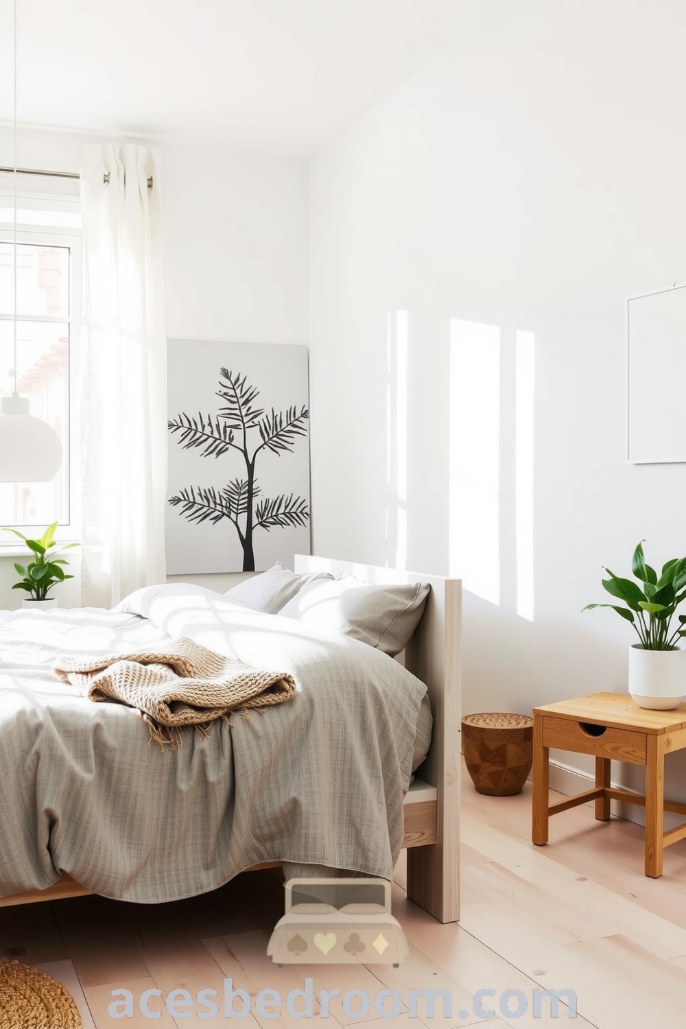 Cozy Scandinavian bedroom featuring sheer white curtains, pale wood floors, gray linens, and potted greenery, creating a warm and inviting space perfect for relaxation, showcased on acesbedroom.com.