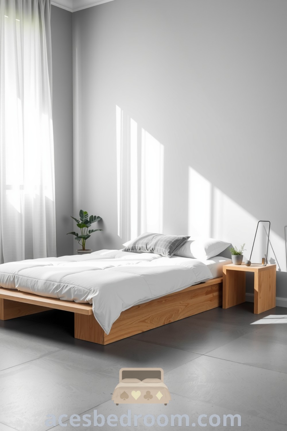 Cozy minimalist bedroom with soft grey walls, a low wooden platform bed, a light oak bedside table with a potted plant, and sheer curtains allowing sunlight to create a welcoming atmosphere, presented on acesbedroom.com.