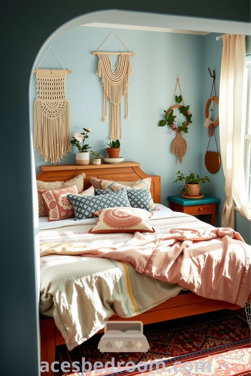 Cozy boho bedroom featuring soft blue walls, a wooden bed with patterned pillows, macrame wall hangings, and potted plants, creating a warm and inviting atmosphere, highlighted on acesbedroom.com.