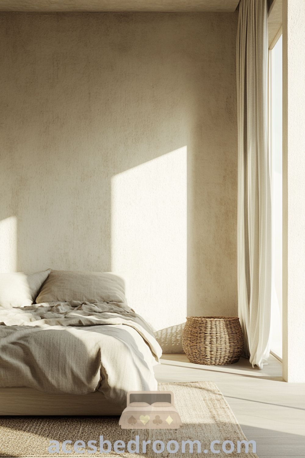 Tranquil minimalist bedroom design on acesbedroom.com showcasing soft textures, calming design, and stylish bedroom ideas for a peaceful environment.