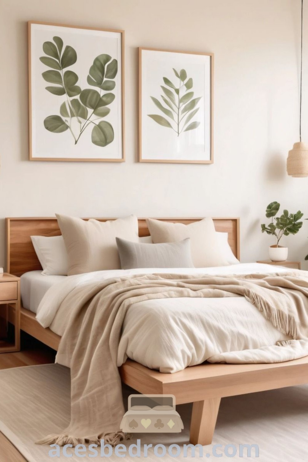 A cozy Japandi small bedroom with a bed and two plants on the wall, showcasing stylish interior design and a calm atmosphere. This image features cozy ideas and unique decor inspirations for a warm and sophisticated look, perfect for a bedroom seating area. Find more stylish ideas at acesbedroom.com.