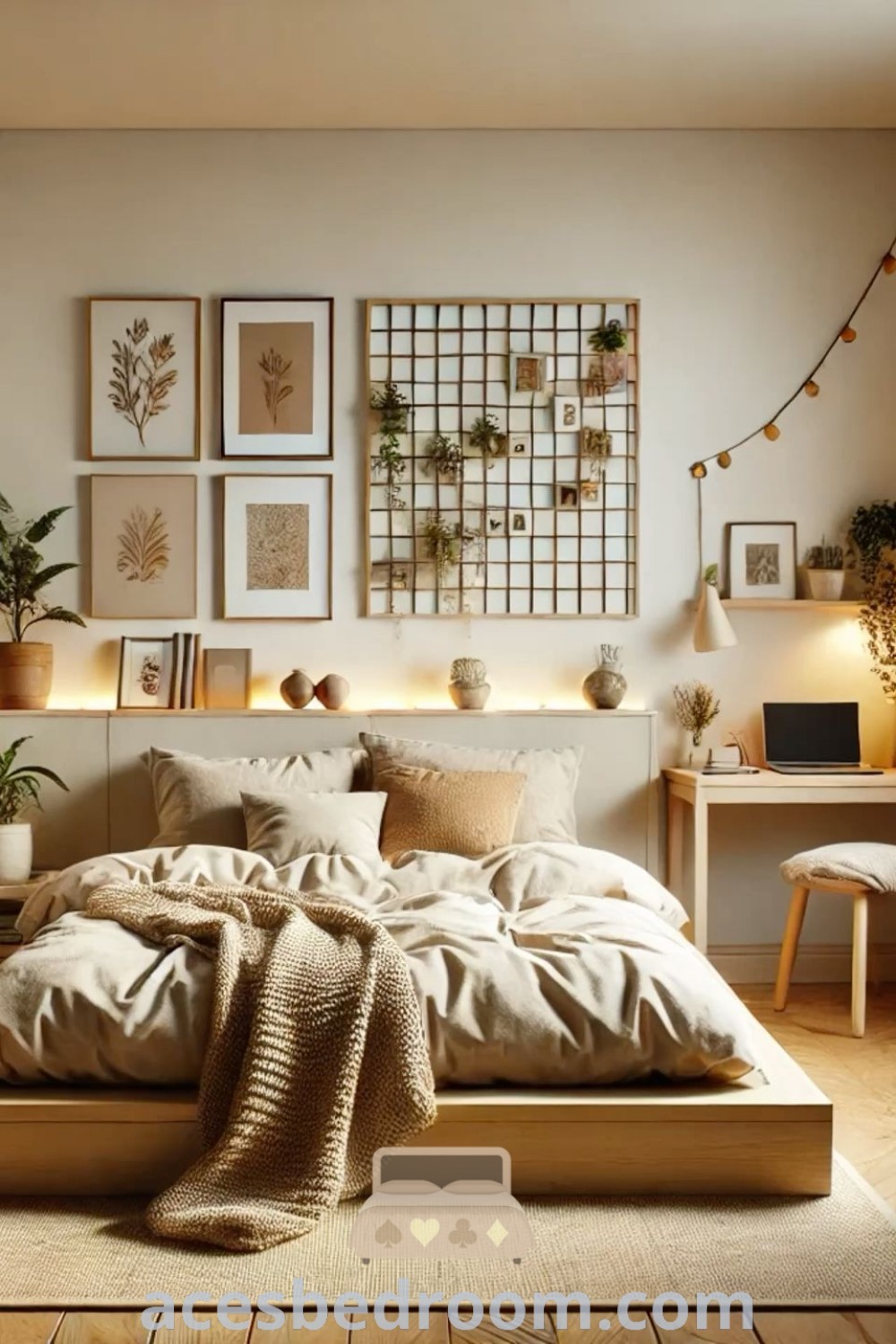 A serene bedroom featuring a low platform bed, showcasing cozy ideas for low bed designs that enhance the room