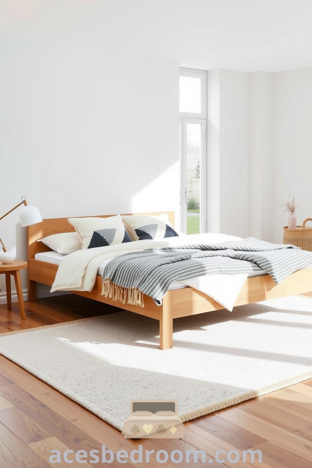 Cozy Scandinavian bedroom with light gray and white decor, featuring a natural oak bed frame, soft neutral blankets, triangular-patterned cushions, and a warm woven rug, beautifully illuminated by sunlight streaming through large windows, featured on acesbedroom.com.