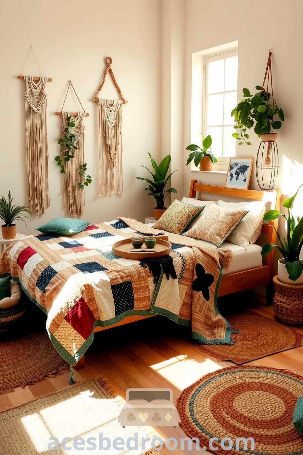 Cozy boho bedroom featuring soft beige walls, handcrafted wooden bed with a patchwork quilt, macramé wall hangings, potted plants, and woven rugs, creating an inviting atmosphere, showcased on acesbedroom.com.