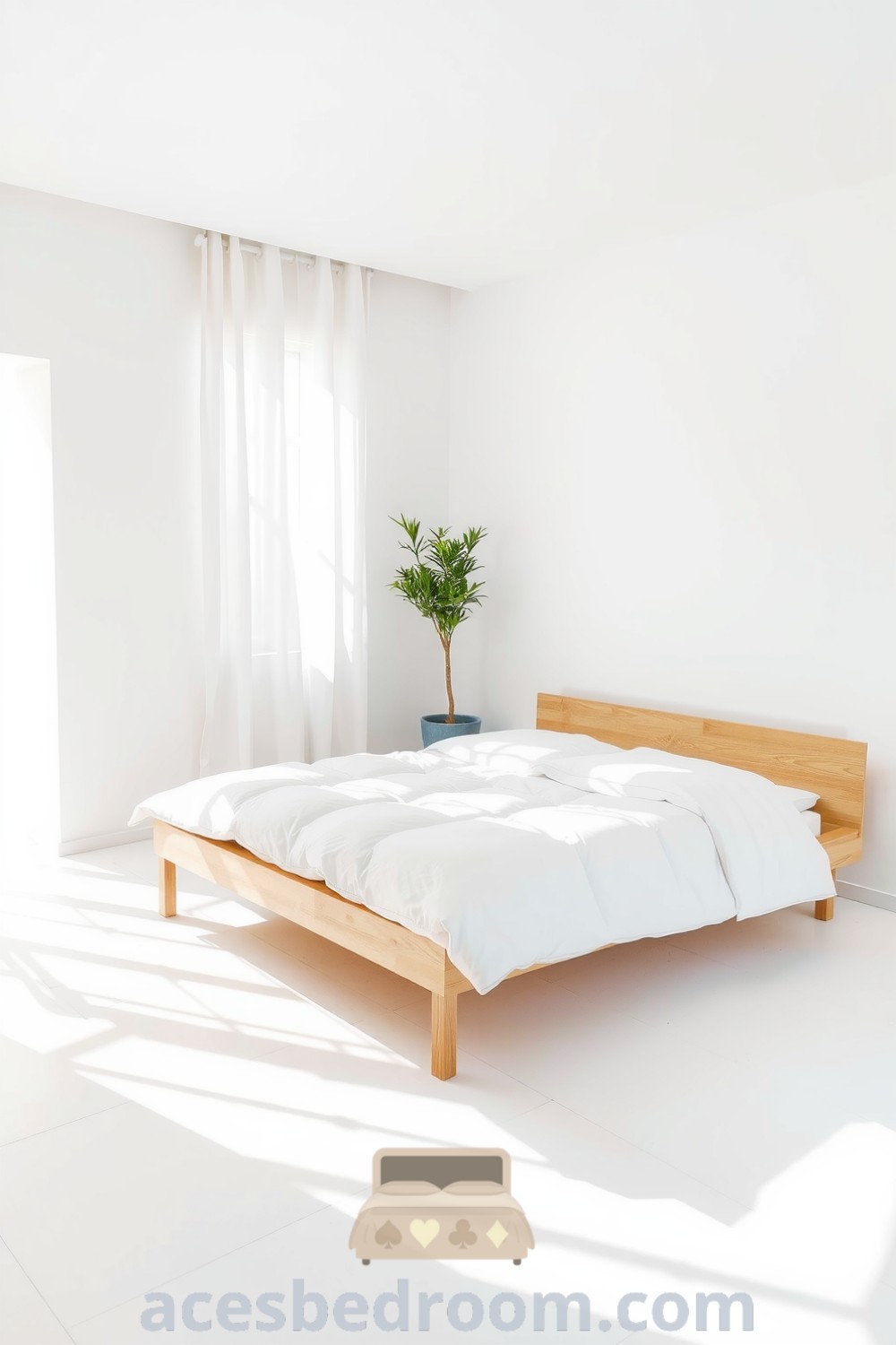 Cozy minimalist bedroom featuring crisp white walls, a light wooden bed frame, a plush duvet, and sheer curtains creating soft light, complemented by a potted plant, showcased on acesbedroom.com.