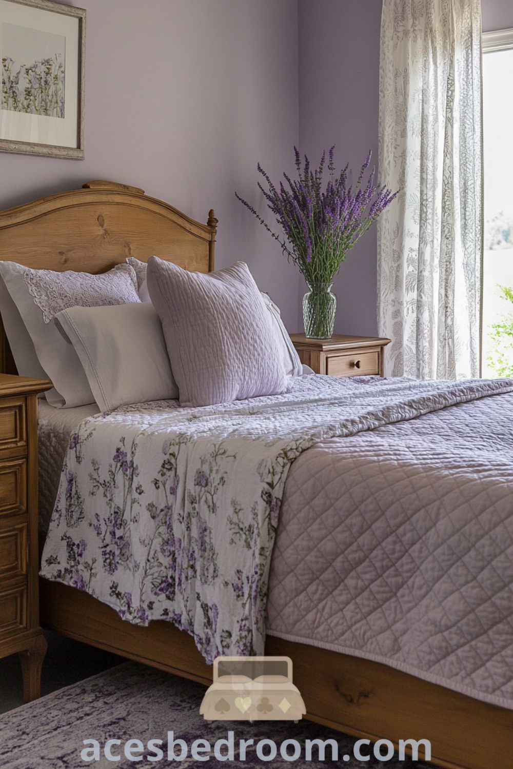 Serene French country bedroom on acesbedroom.com featuring soft purple walls, cozy ideas, inviting quilted bedspread, and inspiring decor inspirations.