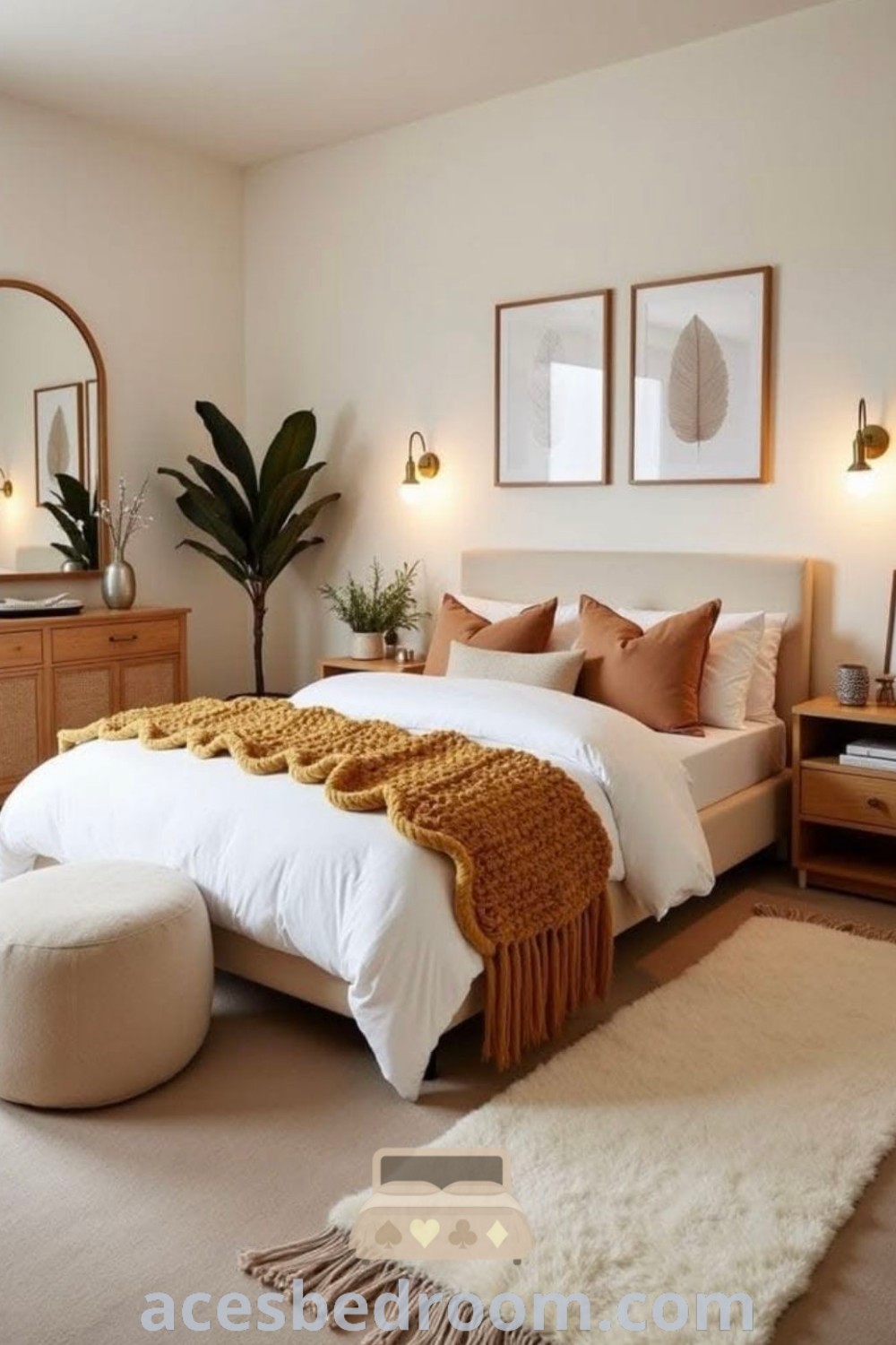 A cozy boho bedroom with a large bed, two mirrors, tan bedding, and light cream walls, showcasing stylish decor ideas and inspirations for a warm and sophisticated look. Perfect for creating a serene retreat, find more unique ideas at acesbedroom.com.