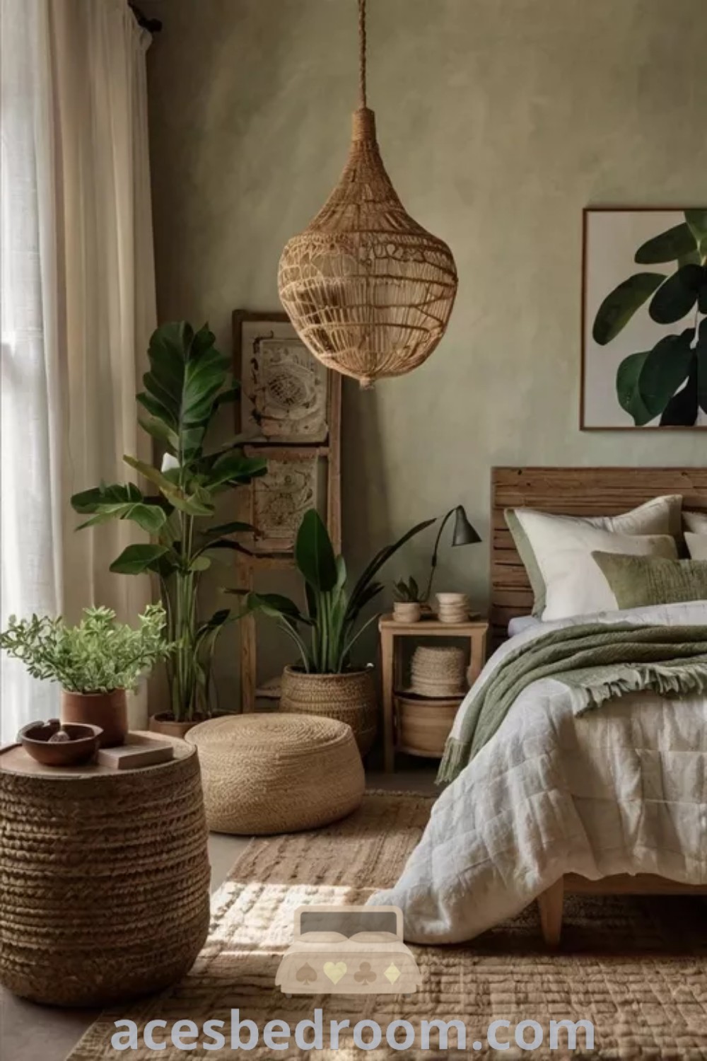 A cozy Boho green bedroom with elegantly made bedding and vibrant plants, showcasing stylish design ideas for a warm atmosphere. Perfect for inspiration, this space combines Boho chic elements and sage green accents, creating a tranquil haven. Explore more inspiring decor ideas at acesbedroom.com.