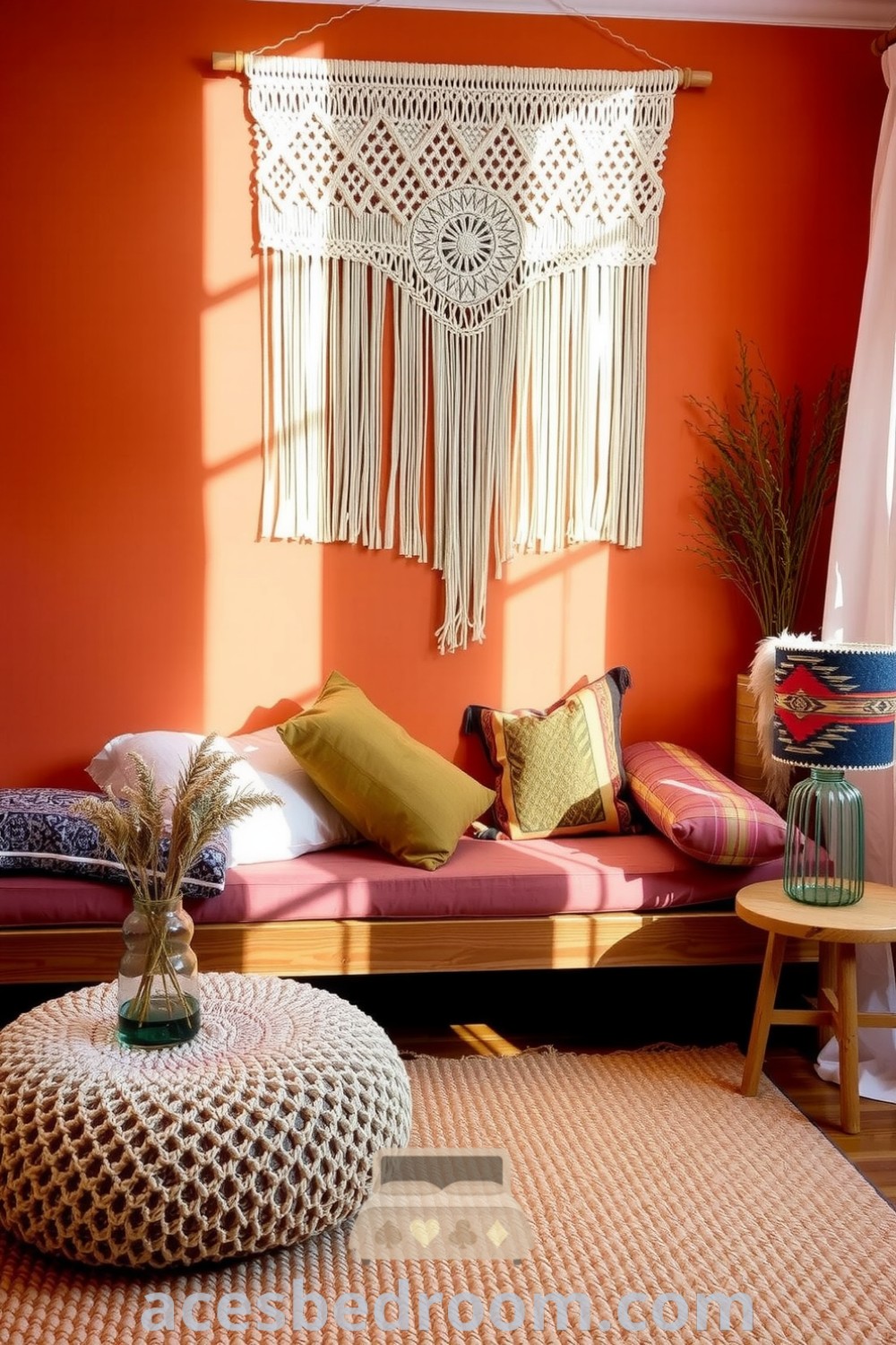 Cozy boho bedroom adorned in warm orange tones, featuring a macramé wall hanging, eclectic pillows in earth tones, and a woven rug, creating an inviting and relaxing atmosphere, showcased on acesbedroom.com.