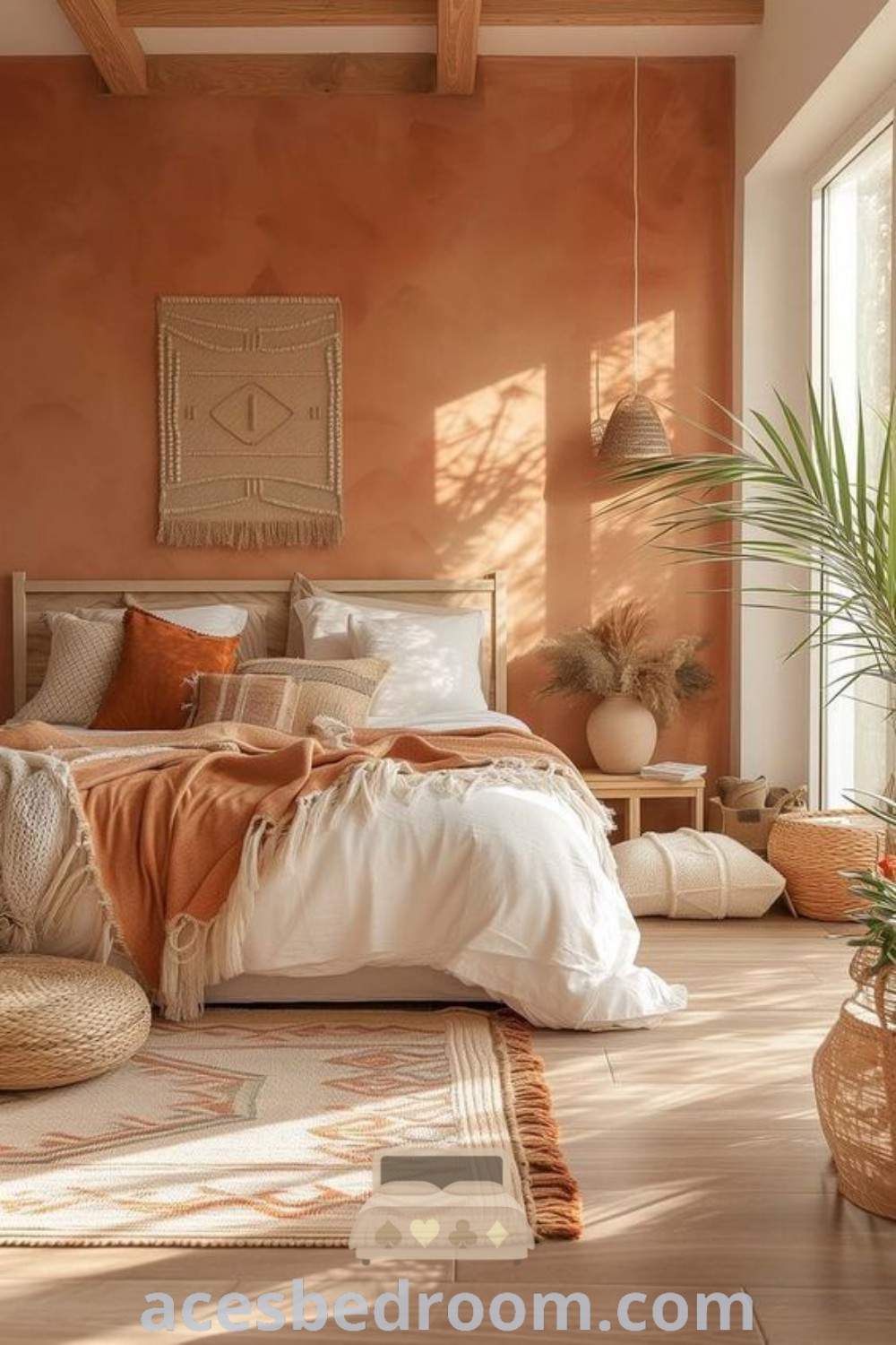 A cozy terracotta bedroom with an orange wall, white bedding, and potted plants, showcasing boho room design ideas. This image captures the tranquil and stylish aesthetic of terracotta home decor, perfect for finding inspiring ideas for your dream space at acesbedroom.com.