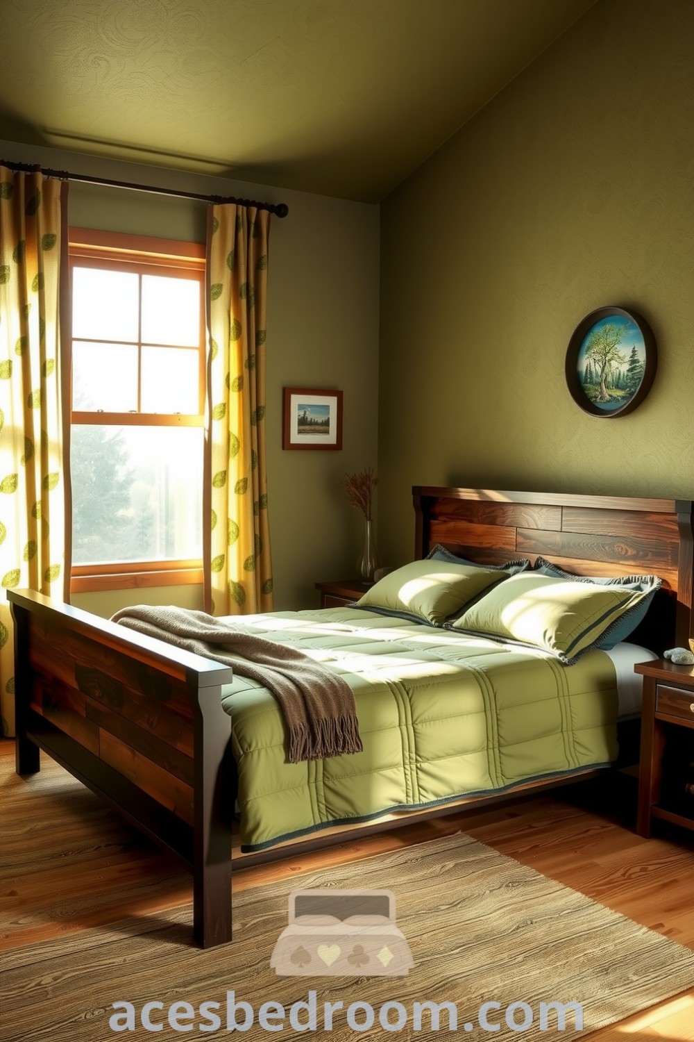 Cozy nature-inspired bedroom with soft greens and browns, featuring a reclaimed wooden bed frame, a moss-green quilt, stone accents, and leaf-patterned curtains for a tranquil and inviting retreat, showcased on acesbedroom.com.
