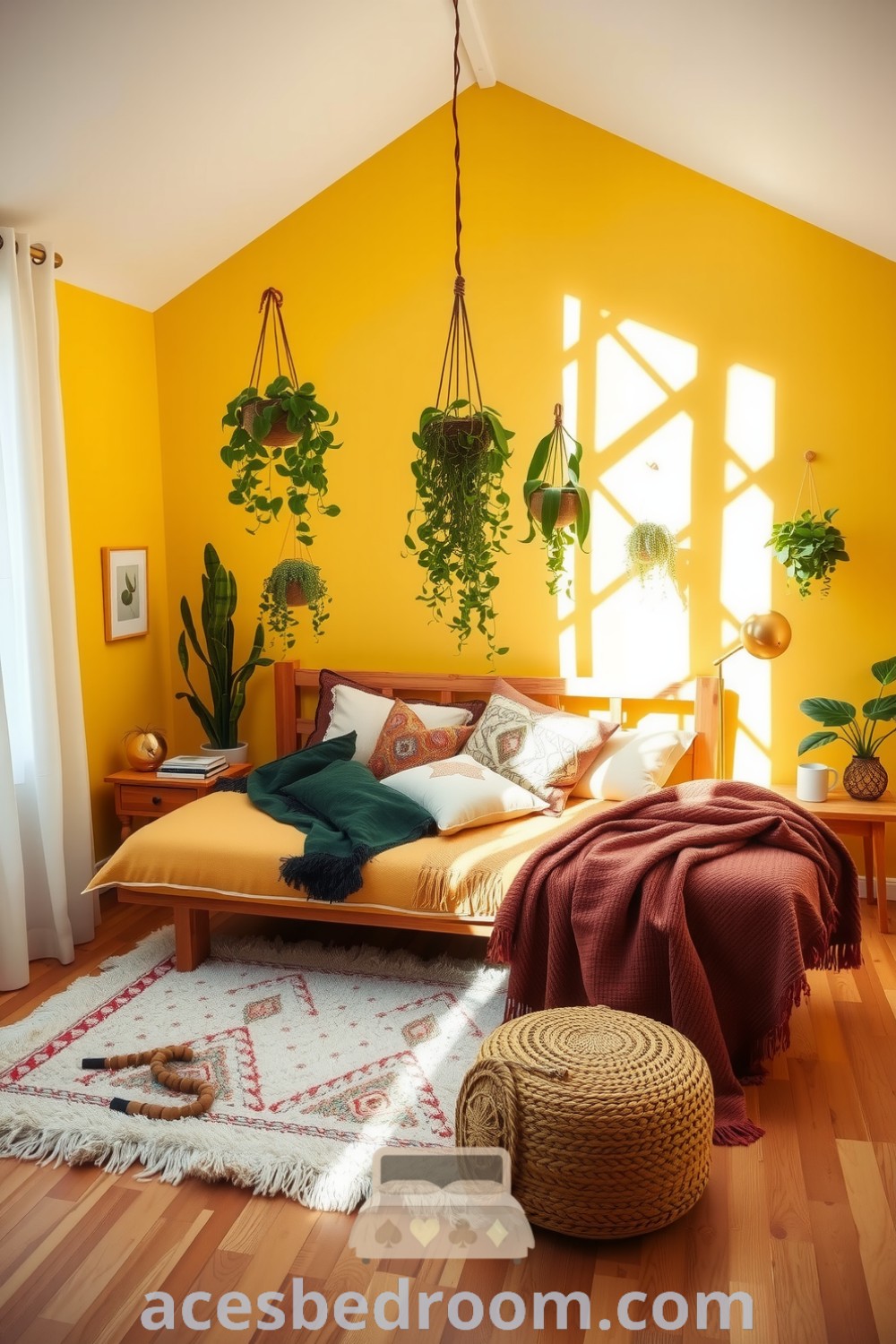 Cozy boho bedroom with sun-kissed yellow walls, natural wood furniture, plush patterned rugs, and hanging plants, creating a warm and inviting atmosphere with layered blankets and pillows, featured on acesbedroom.com.