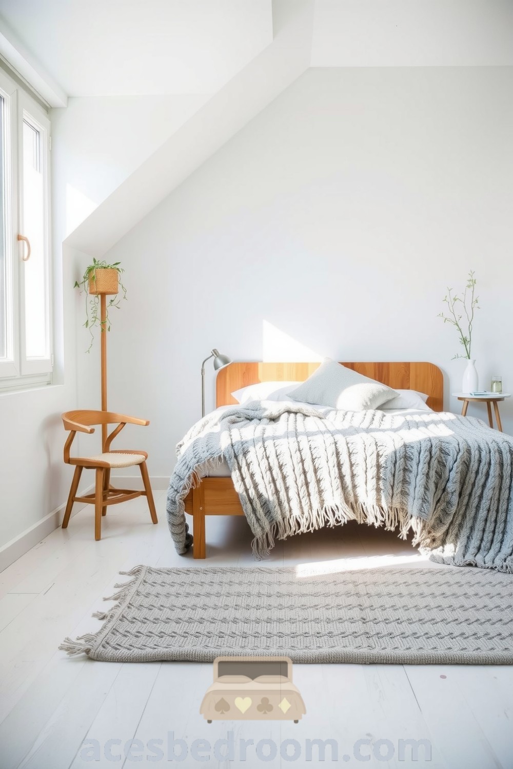 Cozy Scandinavian bedroom with white walls, birch wood bed frame, chunky knit blanket, minimalist furniture, and green plants for a warm and inviting atmosphere, featured on acesbedroom.com.