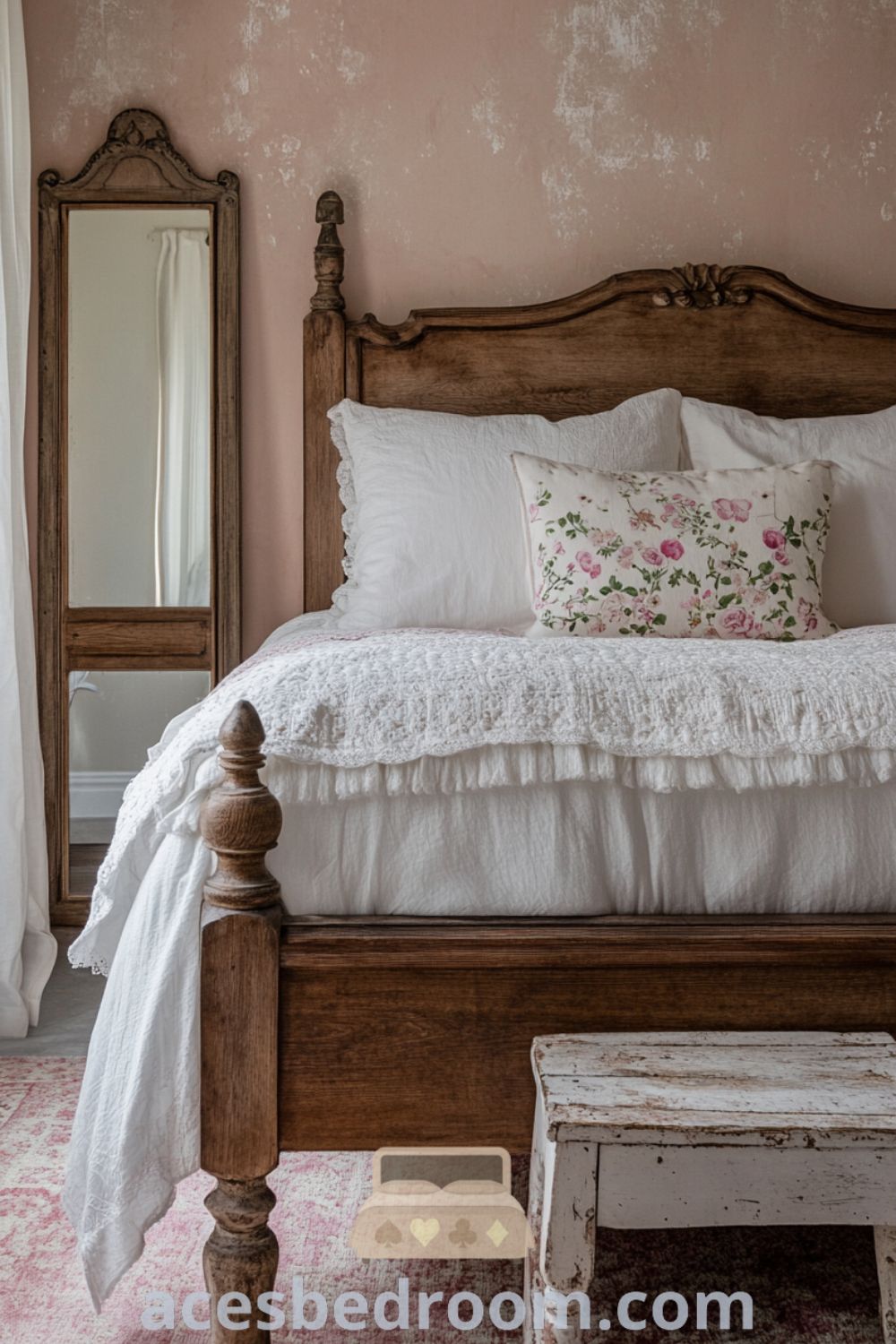 Cozy French country bedroom with soft pink walls, a wooden bed, floral bedding, antique furnishings, and warm light from sheer curtains, designed for a warm and sophisticated look, showcased on acesbedroom.com.