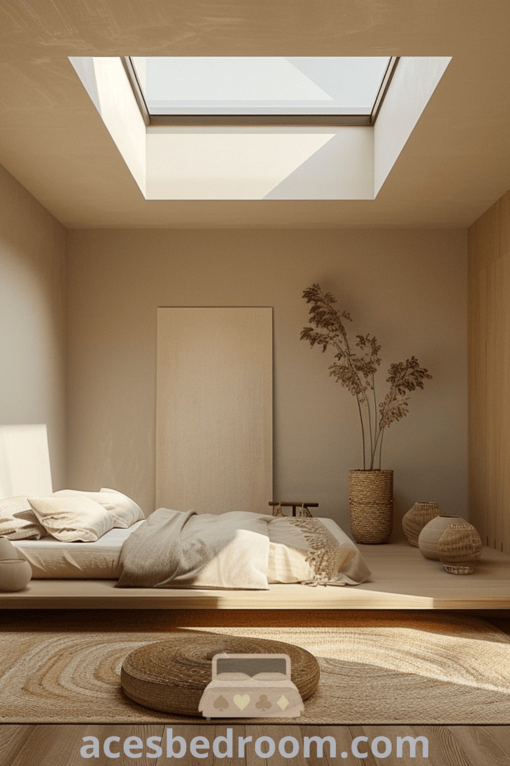 A modern Victorian bedroom showcasing a low-profile bed frame under a skylight on a wooden floor, blending Scandinavian and Japandi styles with beige decor. This warm and cozy space provides inspiring design ideas for your home, perfect for a tranquil retreat. Discover more cozy inspirations at acesbedroom.com.