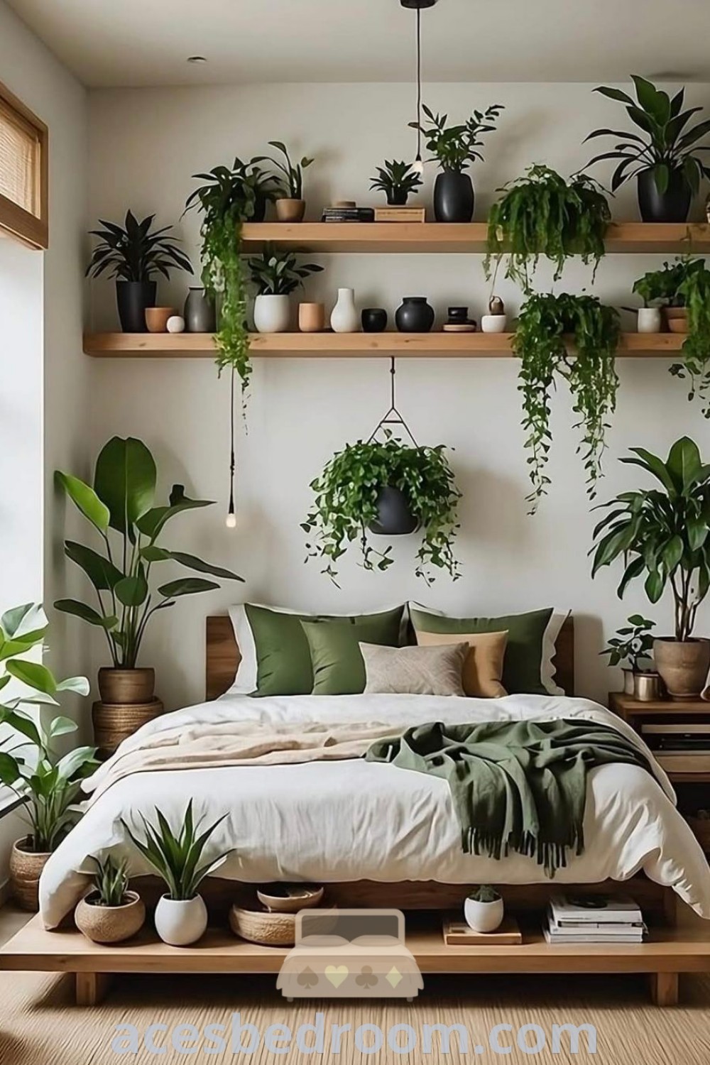 A cozy bedroom adorned with plants on the shelves above the bed and between two windows, showcasing modern Japanese interior design. This space features stylish plant decor, offering inspiring ideas for bedrooms filled with greenery, perfect for creating a warm and sophisticated look. Discover more design ideas at acesbedroom.com.