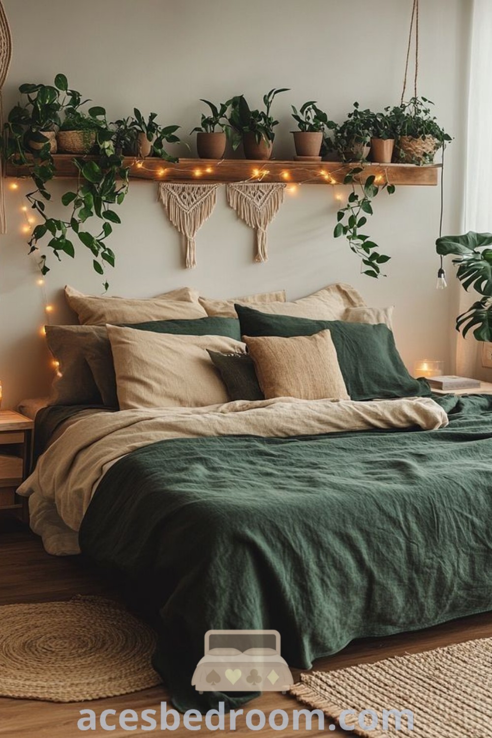 A serene bedroom featuring forest green linens, plants on the headboard, and light brown furniture, creating an earthy aesthetic for a cozy home. Ideal for a warm and sophisticated look, this bedroom offers stylish decor ideas that inspire tranquility. Explore more designs at acesbedroom.com.