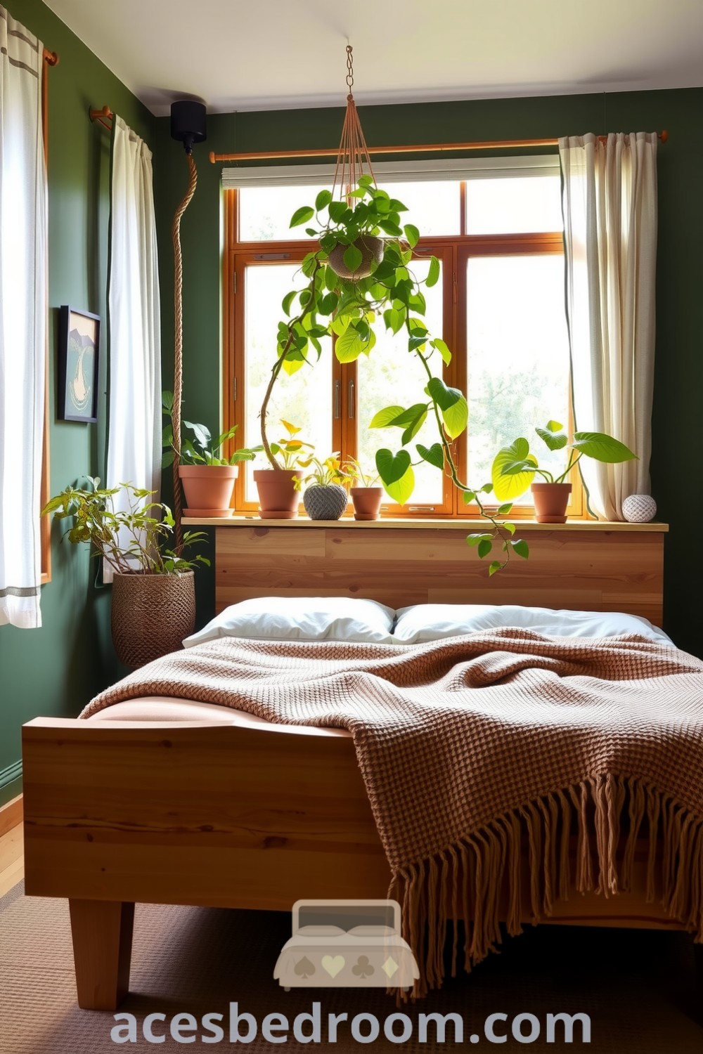 Cozy nature-inspired bedroom with deep green walls, a rustic wooden bed, warm woven blanket, cascading potted plants, and a natural fiber rug, creating an inviting sanctuary, showcased on acesbedroom.com.
