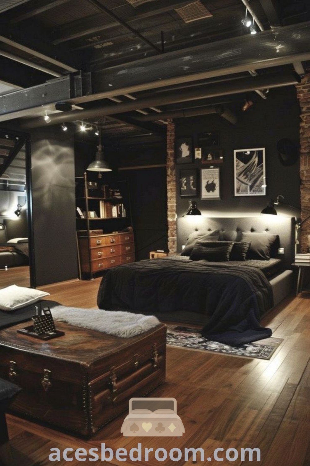 A dark industrial bedroom design showcasing wooden floors and black walls, embodying modern industrial loft apartment vibes with masculine bedroom ideas and stylish decor inspirations. Experience cozy aesthetics with functional design tips for your home at acesbedroom.com.