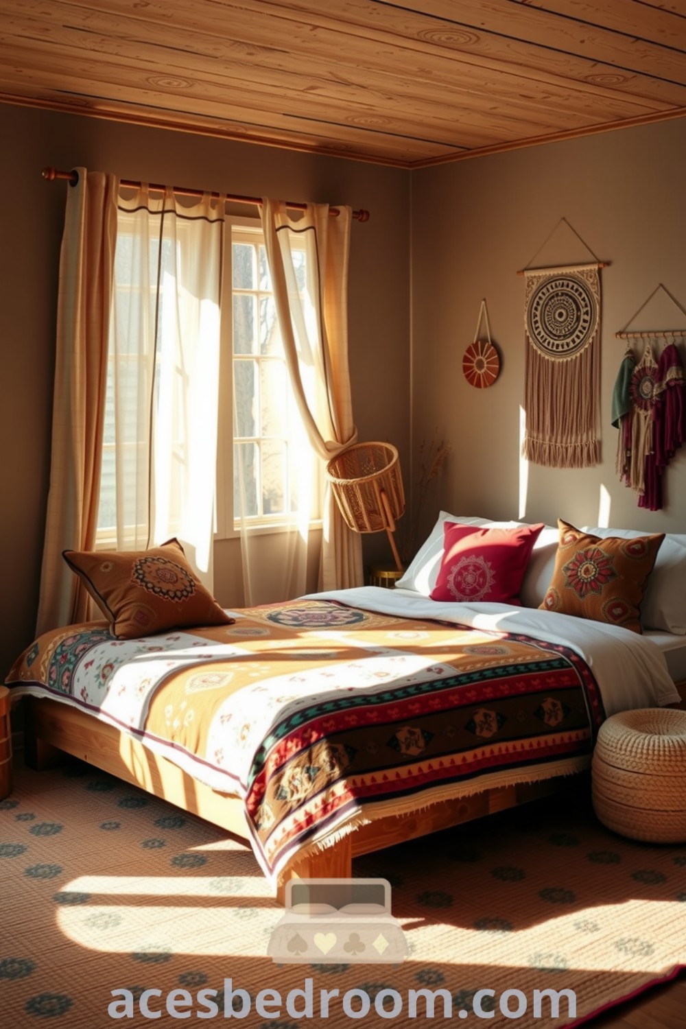 Cozy boho bedroom featuring a low wooden bed with a quilt of mismatched patterns, embroidered cushions, sheer patterned curtains, beige walls with handmade wall hangings, and a jute rug, creating a warm and inviting atmosphere, with design ideas for a cozy home showcased on acesbedroom.com.