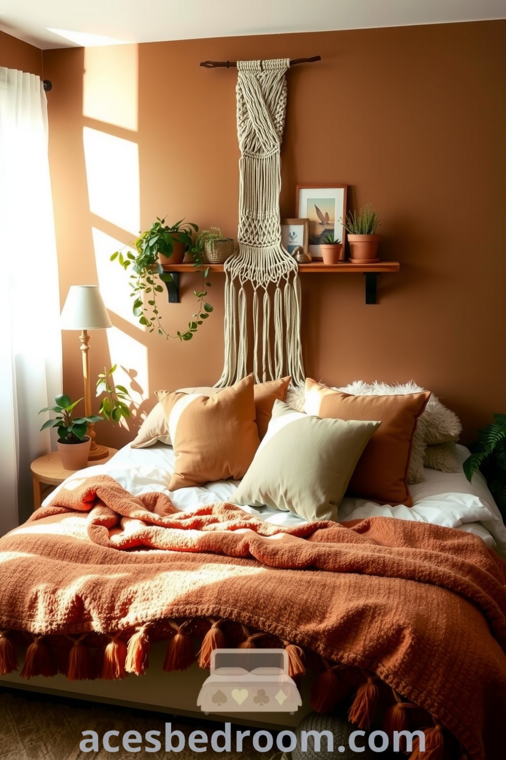 Cozy boho bedroom with soft brown walls, oversized bed with earthy pillows, handwoven macramé, potted plants, and a plush rug, creating a warm and inviting atmosphere, featured on acesbedroom.com.