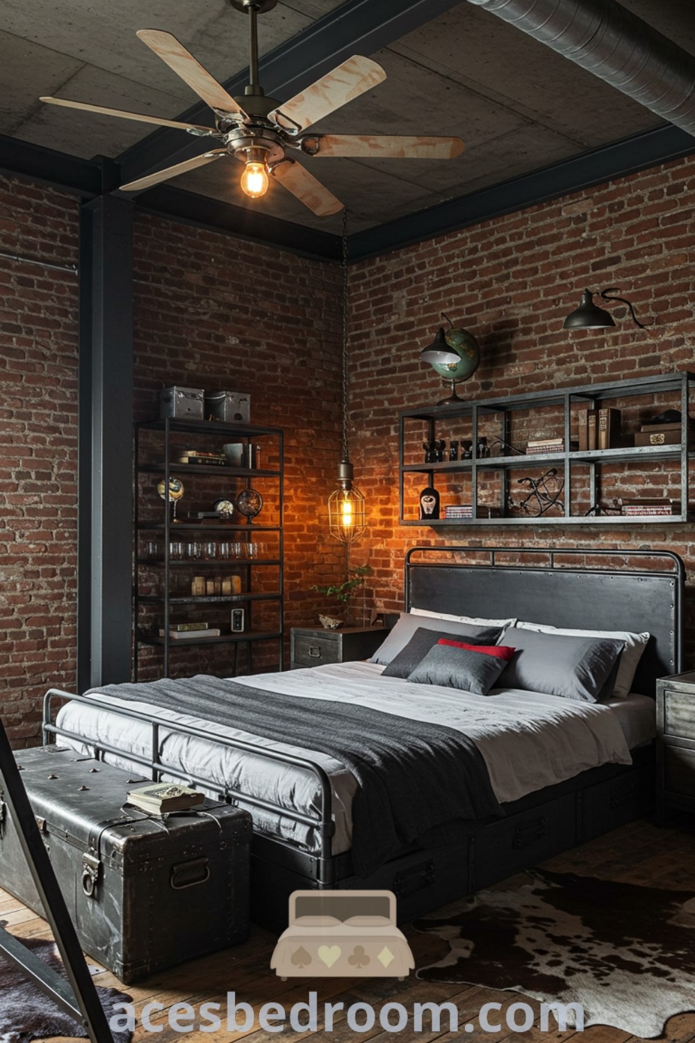 An industrial loft bedroom with exposed brick walls and wood flooring, showcasing cozy ideas and urban industrial decor inspirations for stylish small spaces. Discover unique designs and decor ideas for your home at acesbedroom.com.